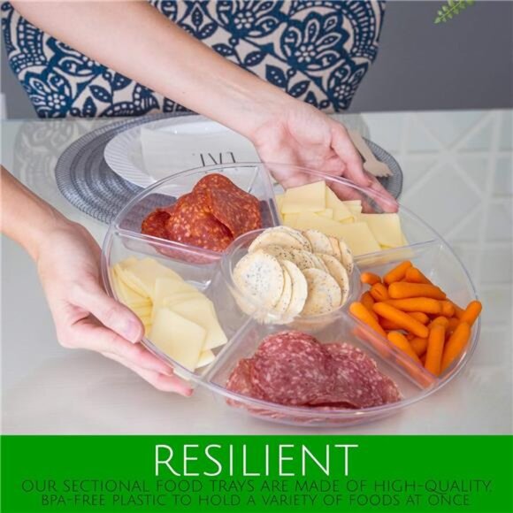PLASTICPRO 6 Sectional Round Plastic Serving Tray/Platters Clear Pack of 2 - Picture 3 of 8